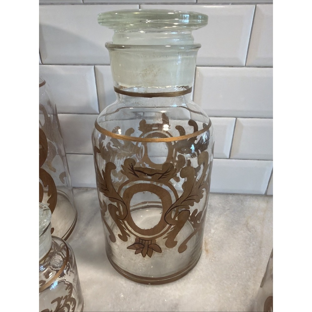 Set Of 5 Antique Clear Glass Apothecary Pharmacy Lidded Jars Gold Hand Decorated - Picture 5 of 16